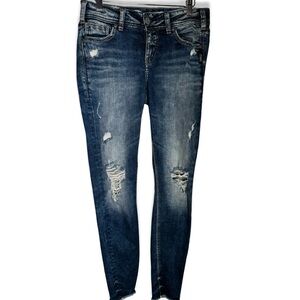 Silver Jeans Womens 29x27 Blue Suki Mid Ankle Skinny Stretch Distressed Soft Y2K